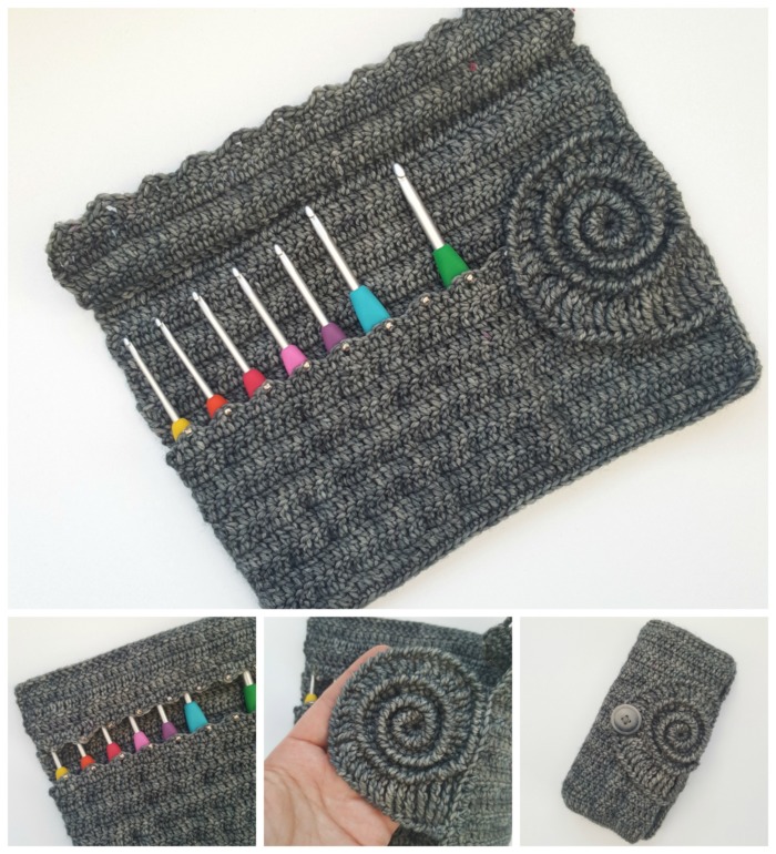 A grey crochet hook roll with a swirled shell design on the front
