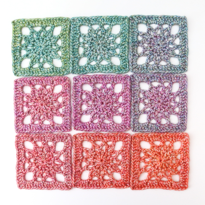 Nine Simple Crochet Squares made in colourful variegated yarn