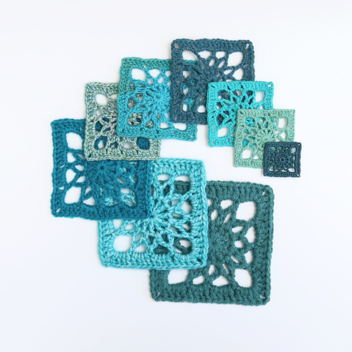 Simple Crochet Square in different sizes and yarn weights, arranged from small to large