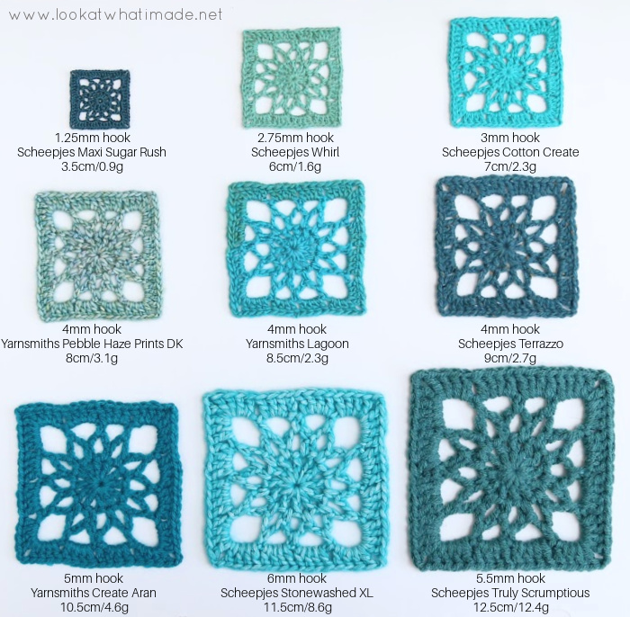 Simple Crochet Square made in nine different yarn weights and hook sizes, from thread to chunky yarn